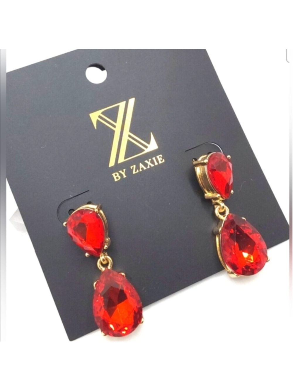 Zaxie Gold Tone Red Glass Stone Dangle Drop Earrings